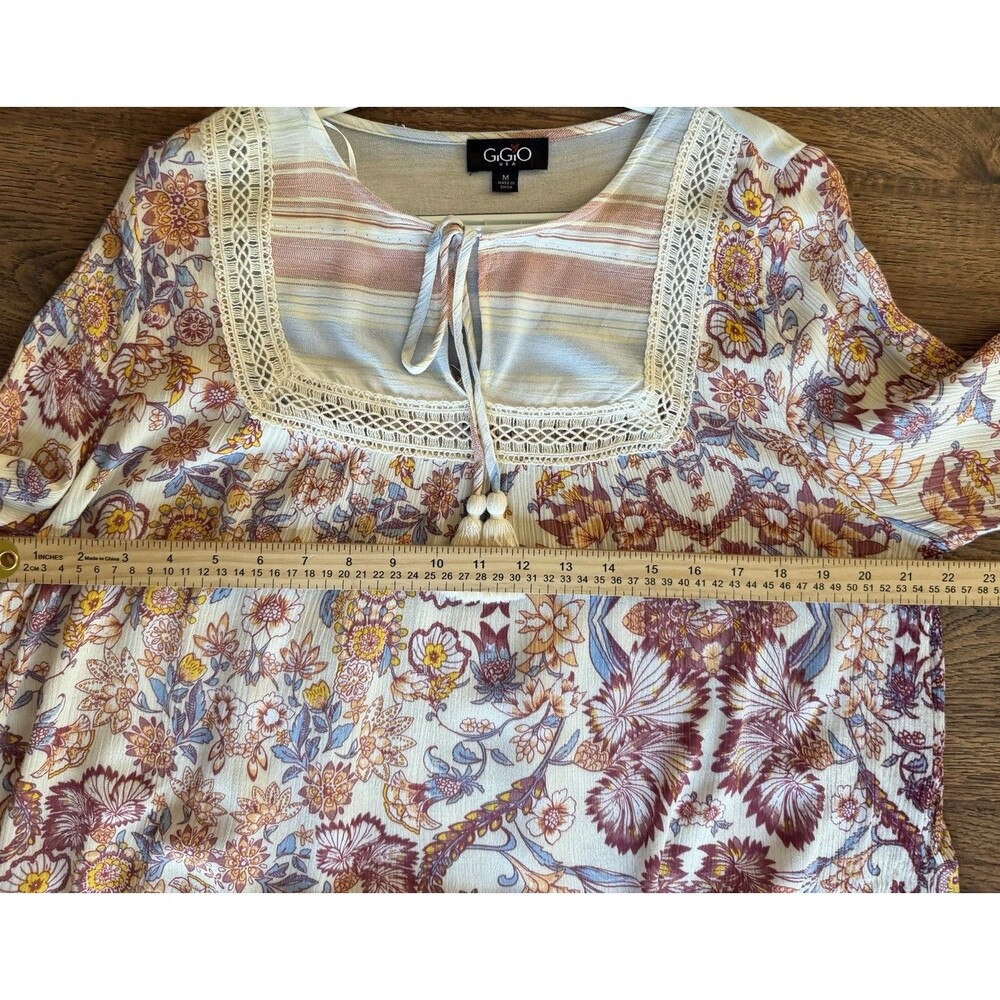 GiGiO USA Women M Floral Stripe Crochet Lace Tassel Boho Tunic Blouse Rayon - Picture 6 of 8